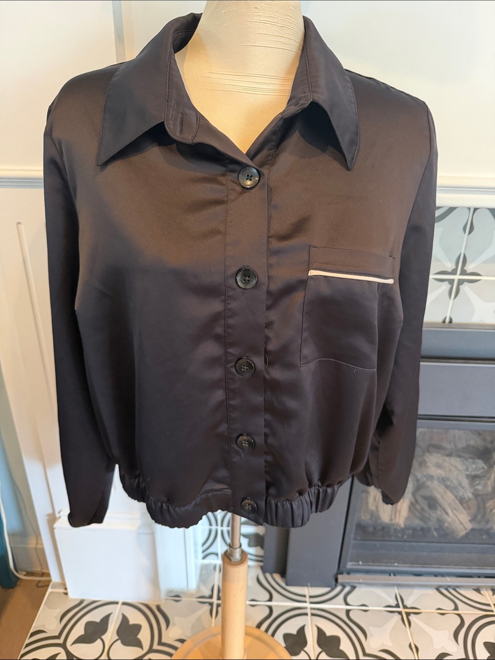 Ashley Graham Black and Cream Stain Bomber Jacket